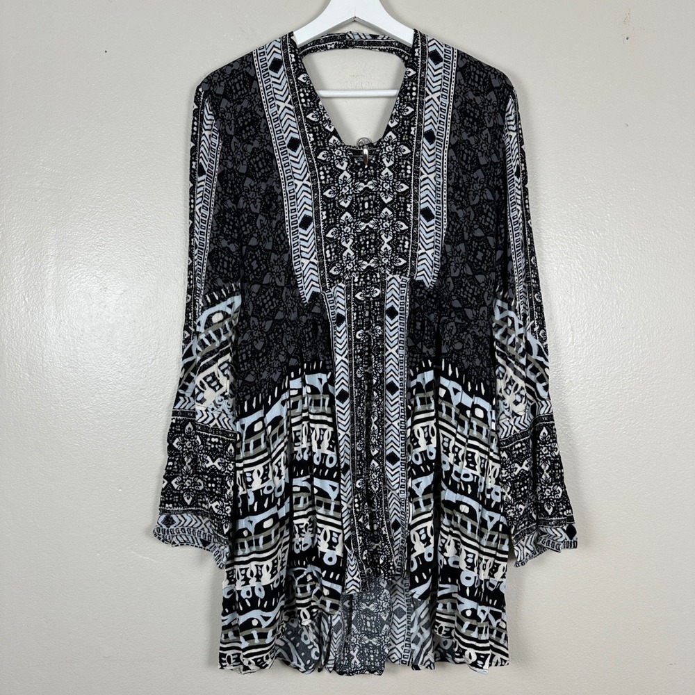 Free People Women's 10 Tunic Dress Black White Mixed Print Boho High-Low